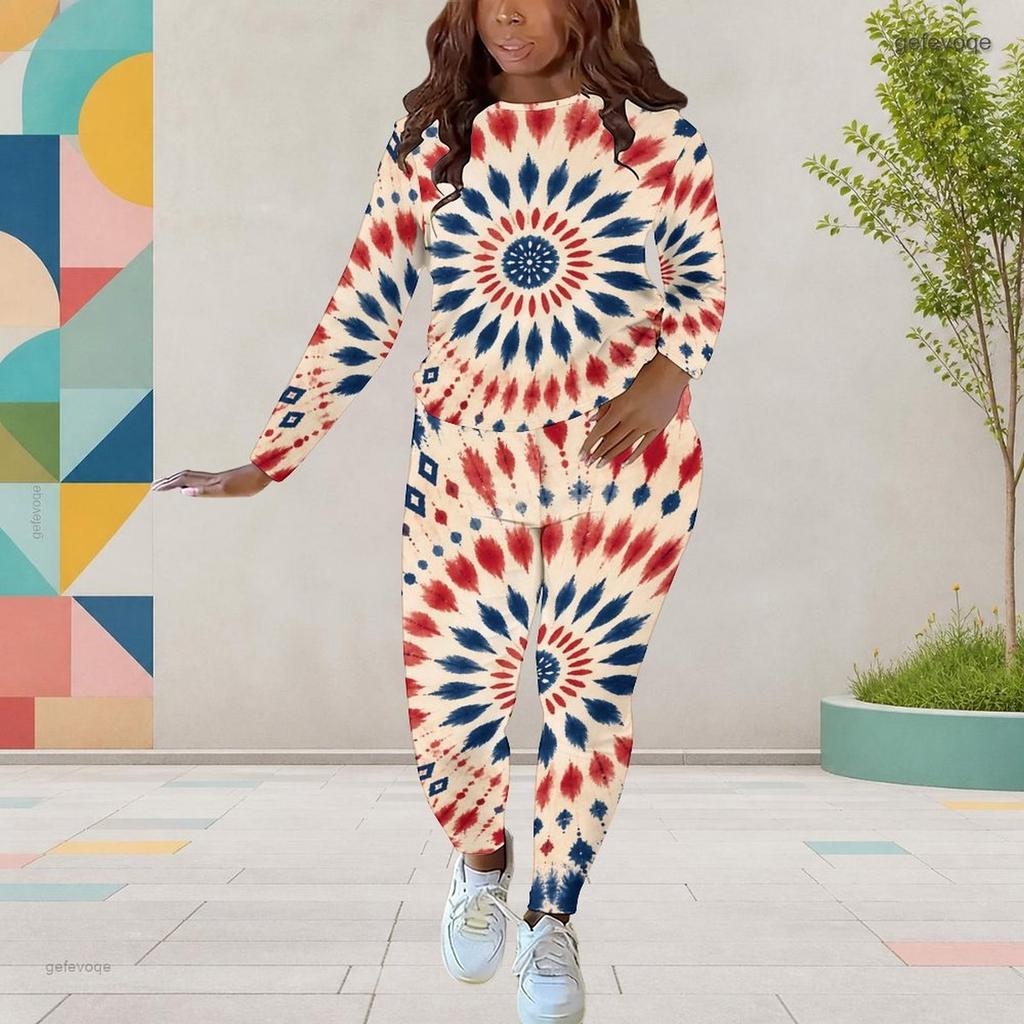 Women Plus Size Red Navy Star Printed Two Piece Set Round Neck Long Sleeve Top Fitted Pants