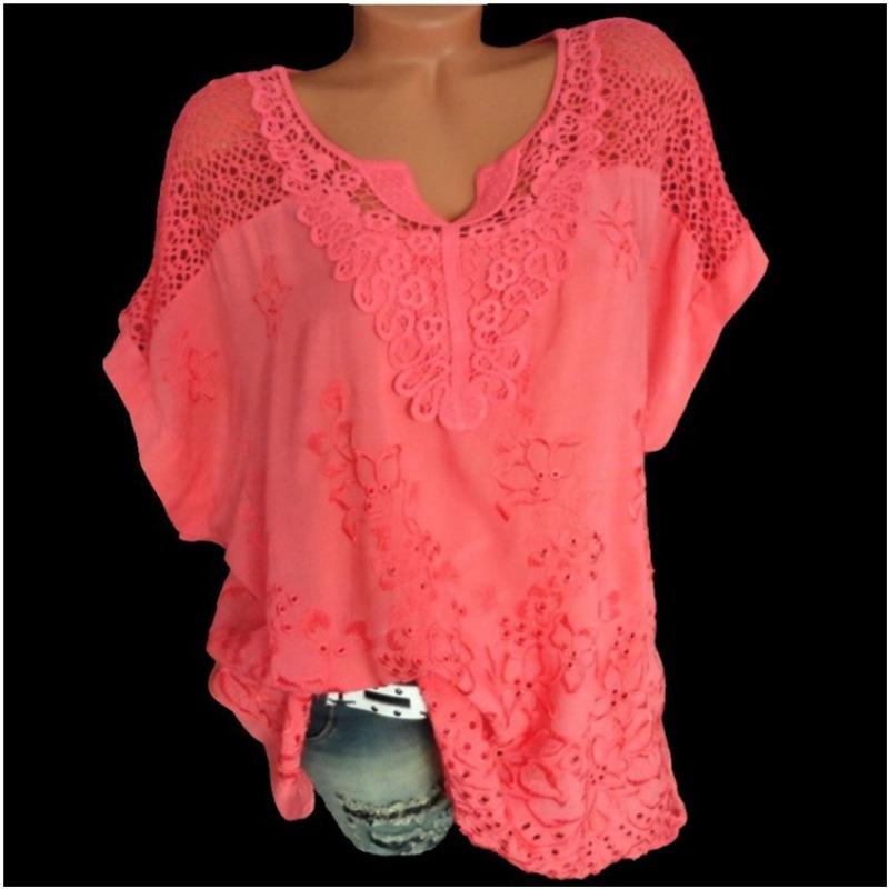 

Women s Blue Floral Embroidered Blouse Spring Summer V-Neck Lace Crochet Batwing Sleeve Top L червоний