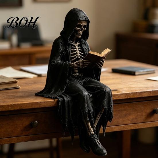 Skeleton Reader Figurine Gothic Dark Fantasy Figure, Reading Book Statue, Academy Bookshelf Ornament Home Decor for Library Office Study Room