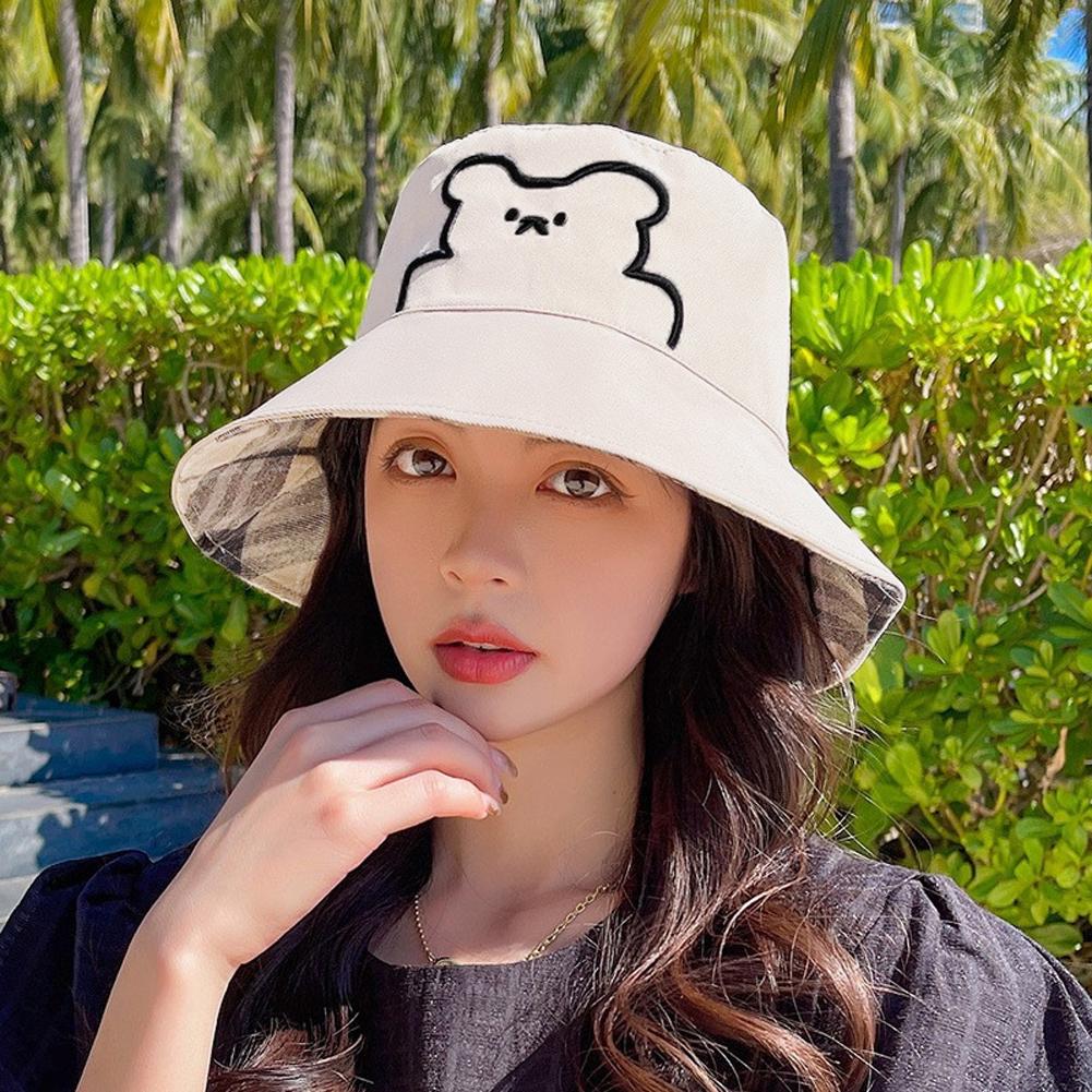 Fishing Hat Cotton Double-sided Embroidered Bear Pattern Sunshade Bucket Beach Hats