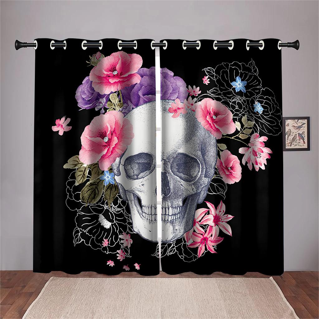 Window Curtains for Living Room, 3D, Cheap, Sexy, Valentine's Day, Rose Skull, Black, Couple, Shading, Bedroom, Home Decor
