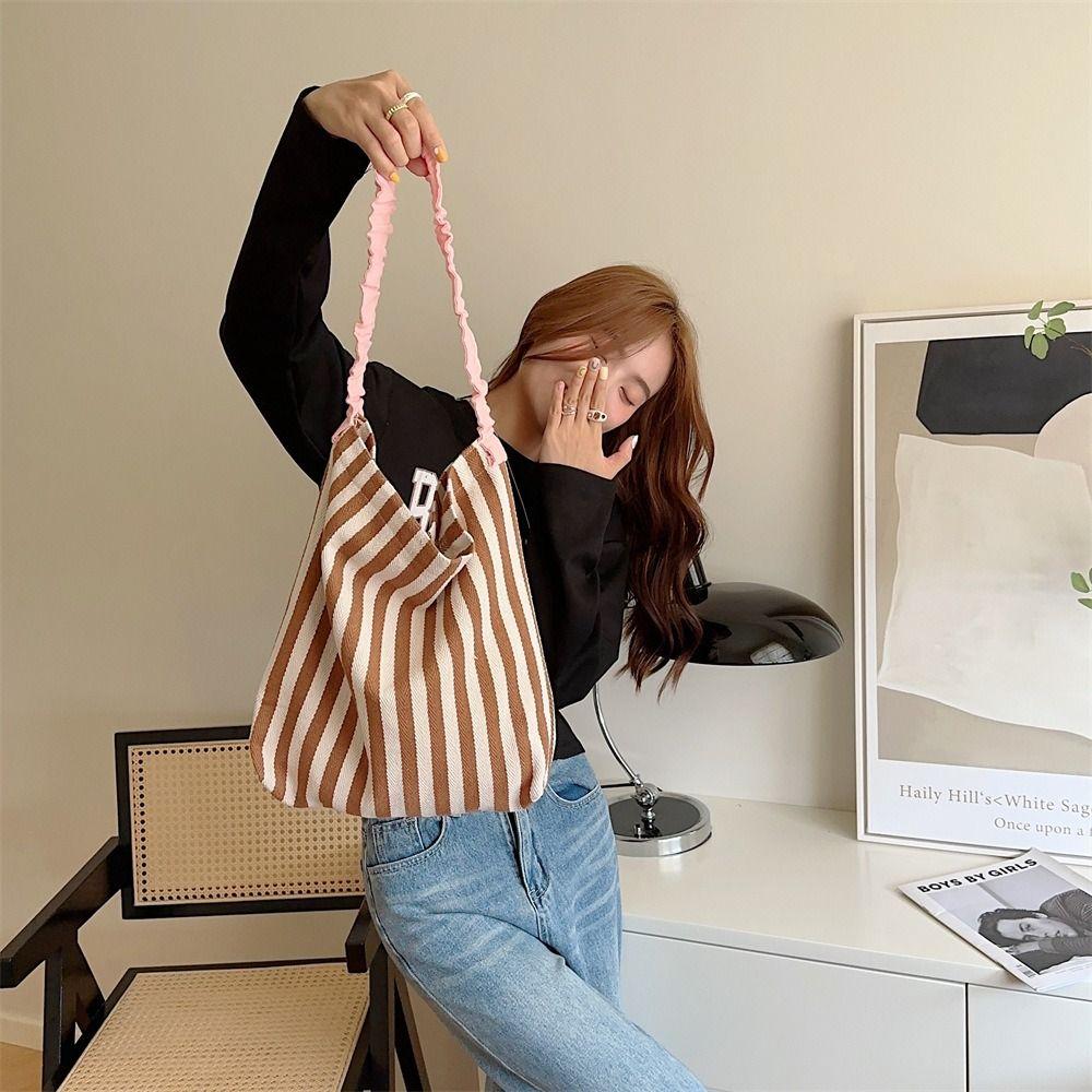 Large Capacity Stripe Canvas Bag Print Cloth Shoulder Bag Simple Tote Bag Travel