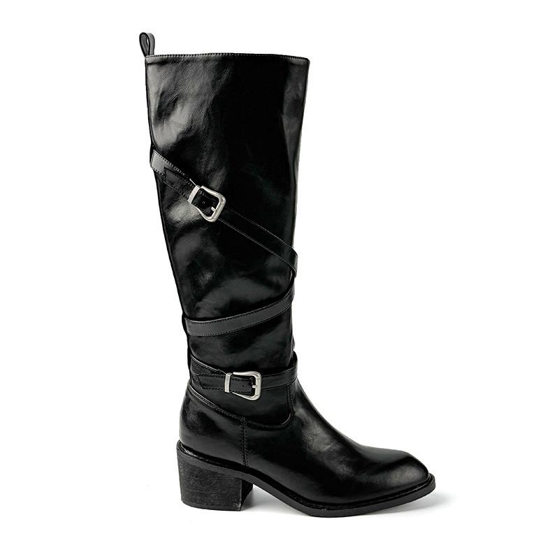 Retro pointed versatile thick-soled thick-heeled knight boots 2025 new wide tube cross-buckle but knee boots women