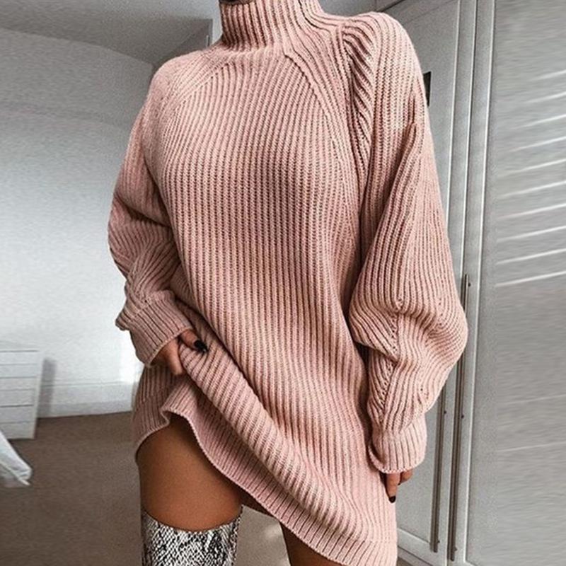 

Autumn/Winter Hot Style Knitted Mid-Length Raglan Sleeve Semi-High Neck Sweater Dress XXXL рожевий
