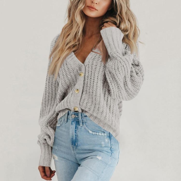 Loose V Neck Button Down Cardigan Women Solid Knitted Long Sleeve