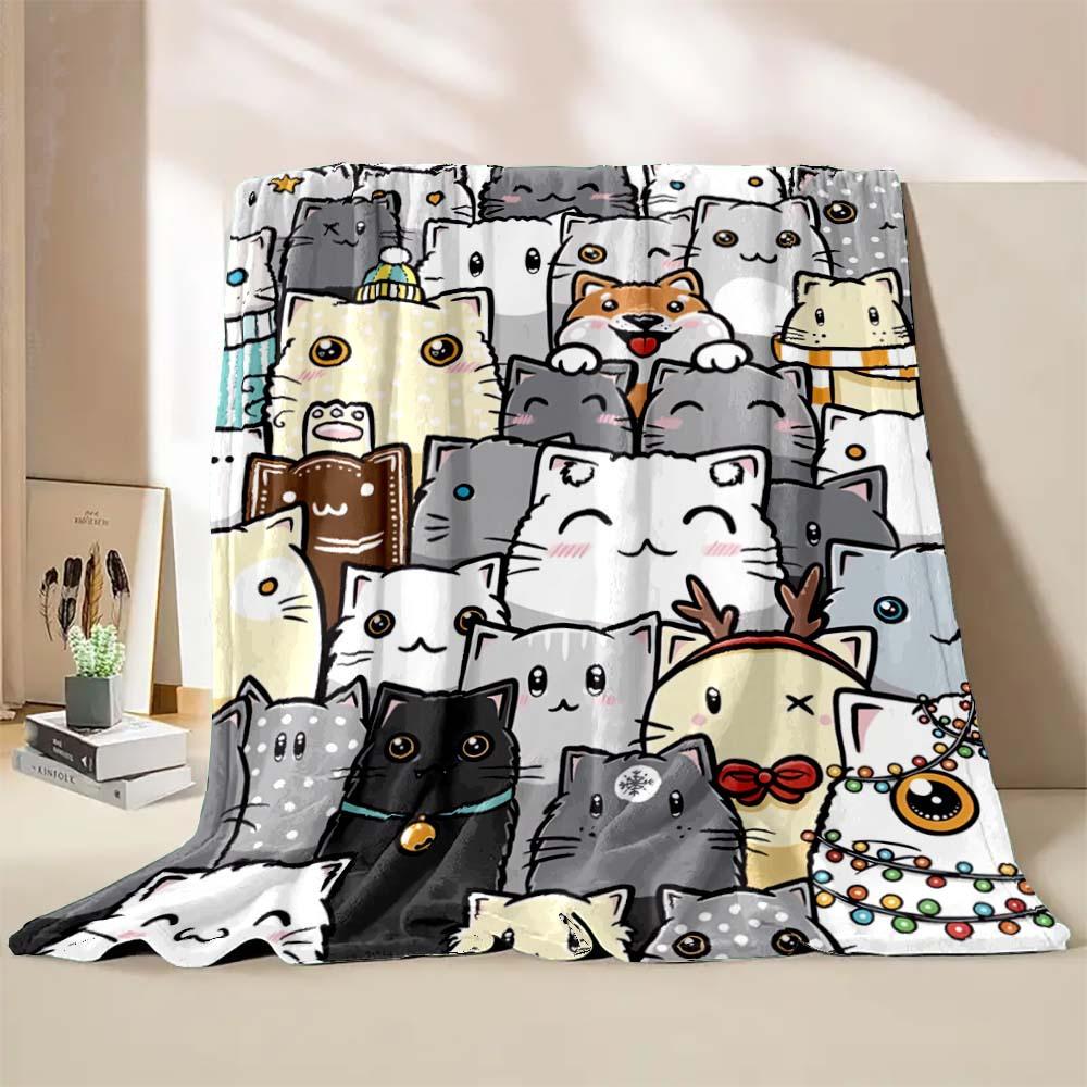 Cute Cat Print Blanket Home Travel Camping Blanket Single Layer Flannel Shawl Blanket Soft Cartoon Fleece Blanket