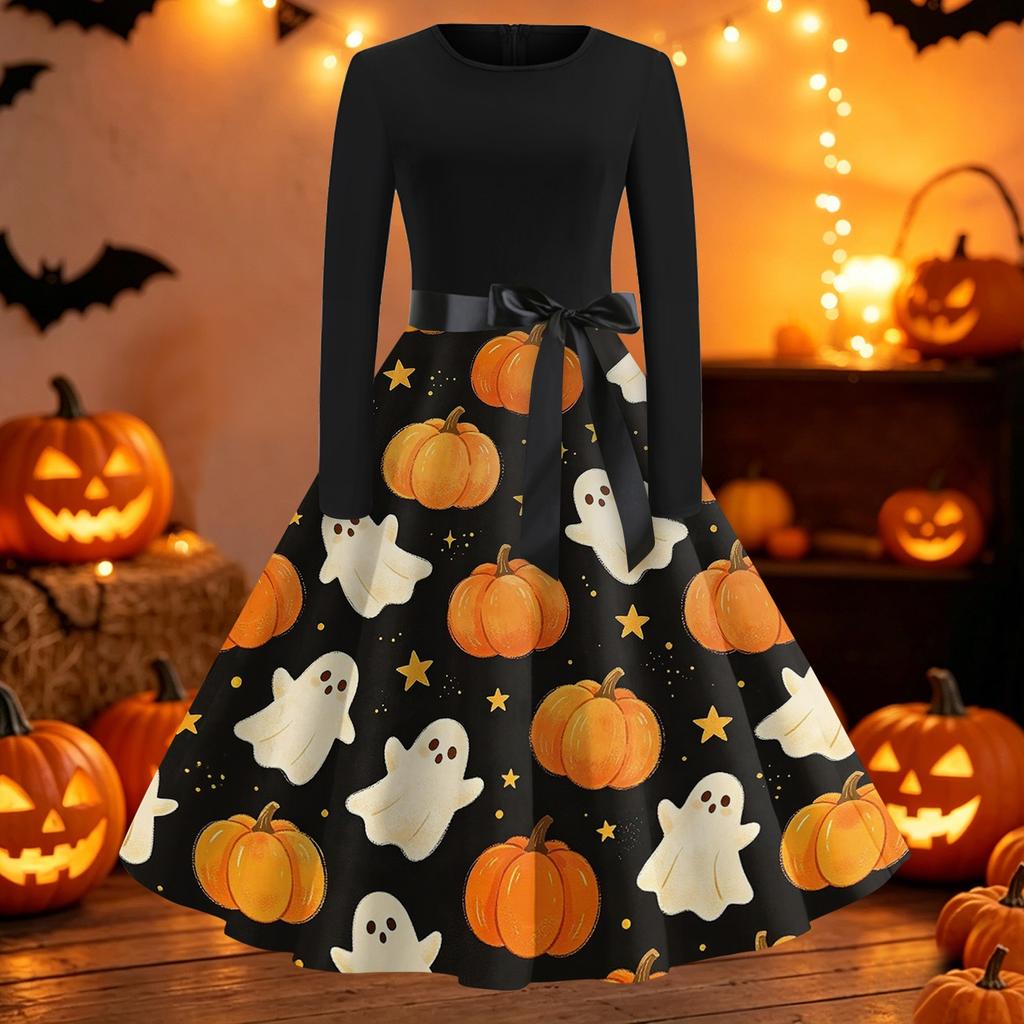 Women's Casual Long Sleeve Dress Halloween Printed Flared Skirt Round Neck Slim Fit Vintage Style Midi Dress with Waist Tie
