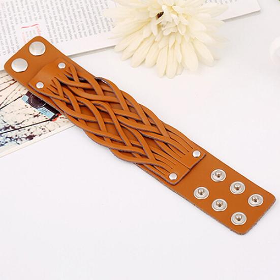 Women Men Punk Style Cool Leather Bangle Knitting Wide Cuff Handmade Bracelet