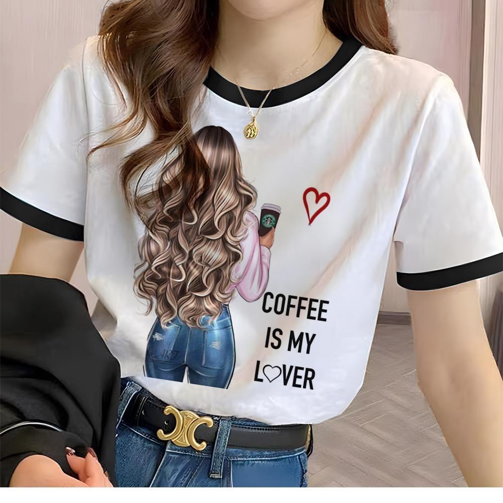 Coffee Girl Top Women's Street Wear White T-shirt with Printed T-shirt Couple's Wear