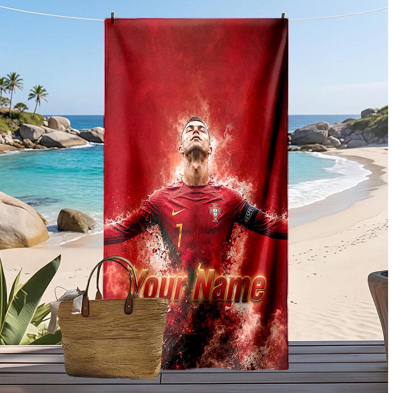 Asciugamano da Spiaggia Personalizzato Stampato Cristiano Ronaldo Logo Calcio Supporto Nome Personalizzato Testo Asciugamano Assorbente Per Sport Viaggio Regalo Speciale