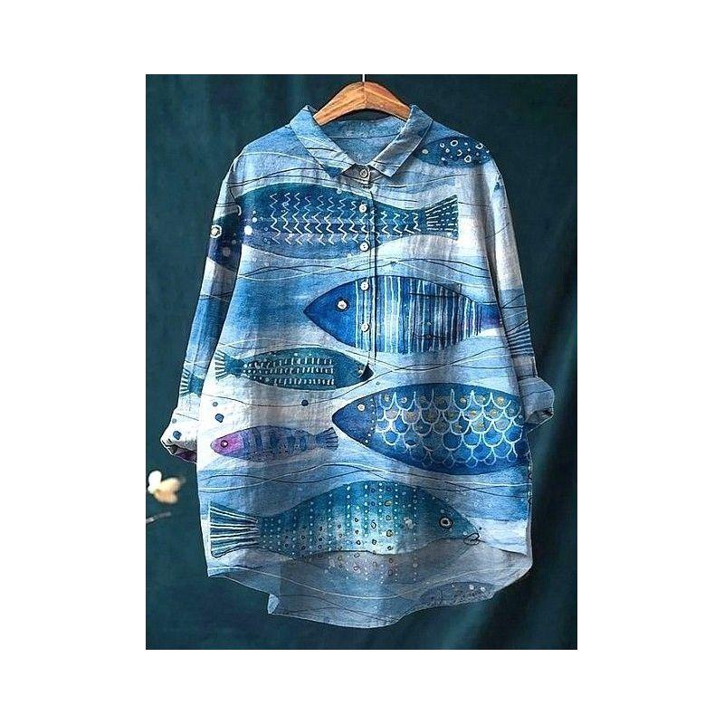 

Модный стиль Весна и Лето Новое поступление Свободный Легче всего сочетать Длинные рукава Однобортная Рубашка Топы Литературный Цветочный принт Повседневная рубашка Light blue fish 2XS