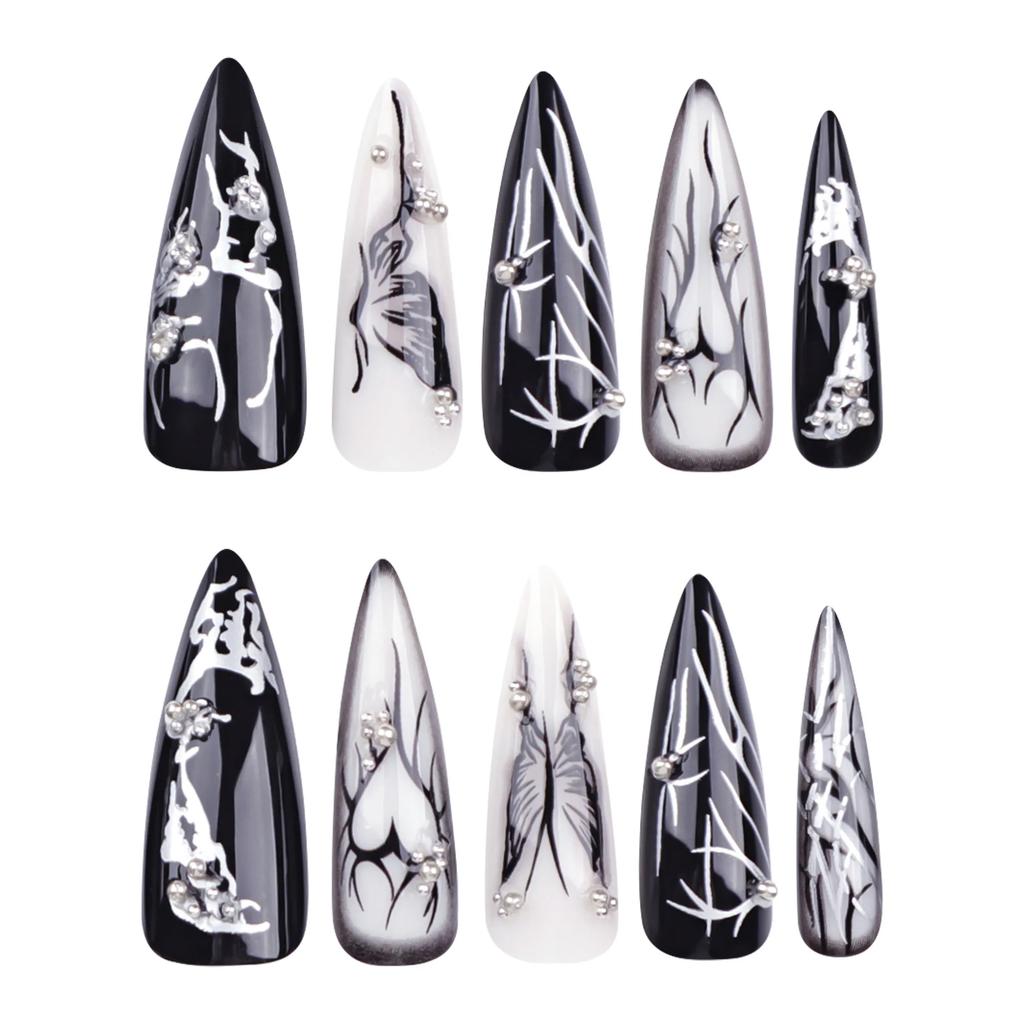 24Pcs Black Y2K Press On Nails, Long Almond False Nails with Butterfly & Silver Rhinestones