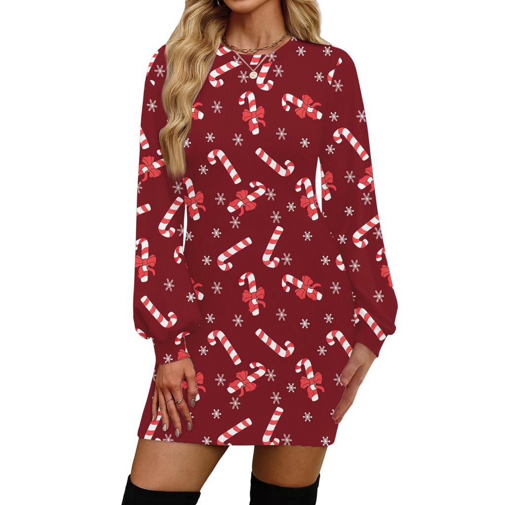 Rochie casual de modă pentru femei, cu imprimeu de Crăciun, cu gât rotund și mâneci lungi