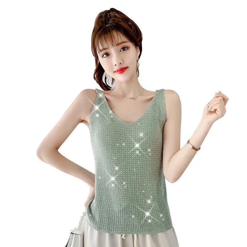 

Ice Silk Tank Bright Silk Hot Diamond Knitted Vest Women s Sexy V-neck Top Loose Undershirt Korean Fashion Summer XL 55-60kg зелений
