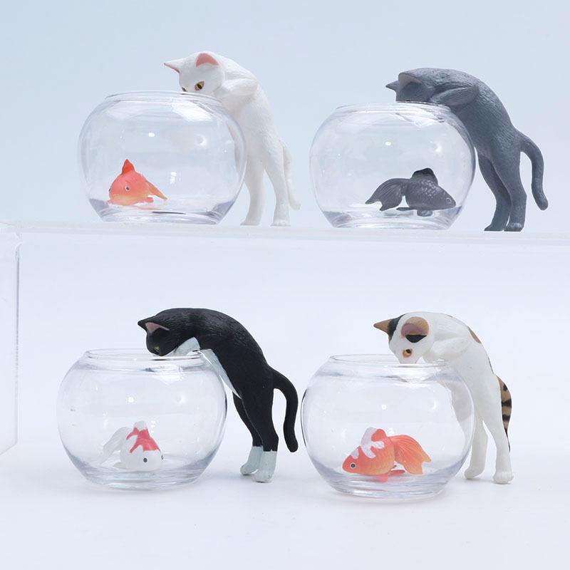 Cute Cat Catch Fish Desktop Ornament Trendy Three Flower Black Cat Statue Small Decor for Office Desk Bedroom Table