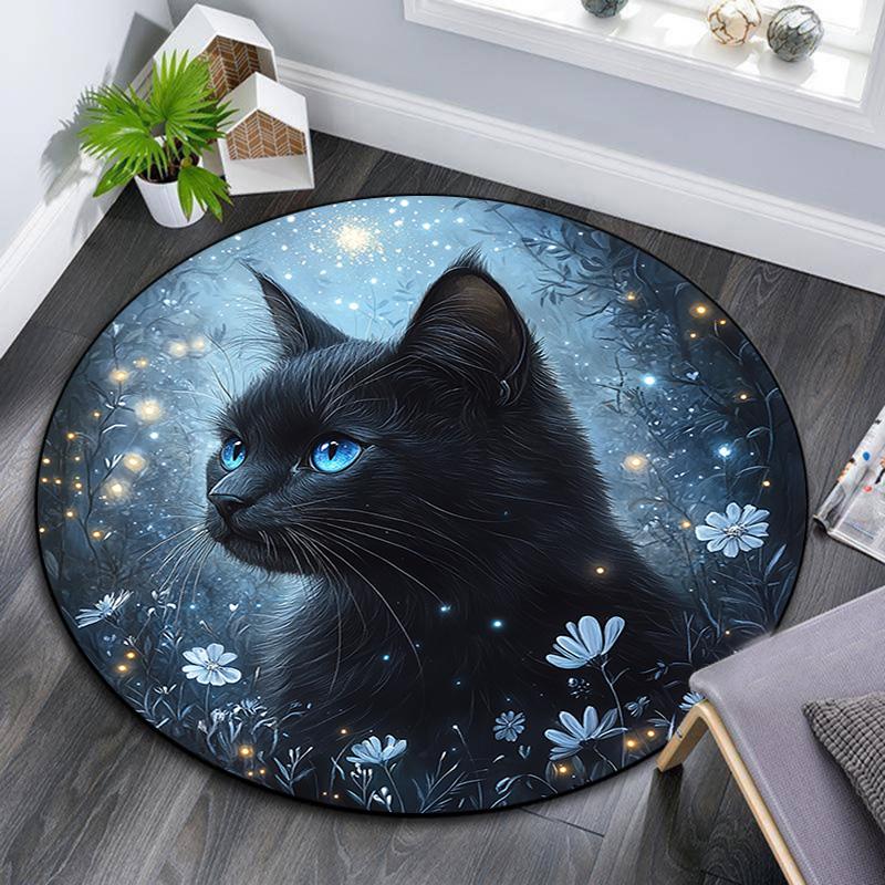 Magical Black Cat Round Area Rug,Carpet Rug for Living Room Bedroom Sofa Playroom Decor,Non-slip Floor Mat
