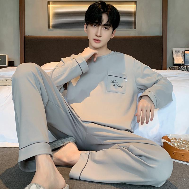 Męski bawełniany zestaw piżamowy z długim rękawem - Casualowy, luźny krój, plus size, styl koreański na jesień i wiosnę