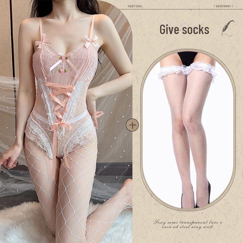 Sweet Candy Color Lace Lingerie Jumpsuit with Temptation Straps and Open Crotch