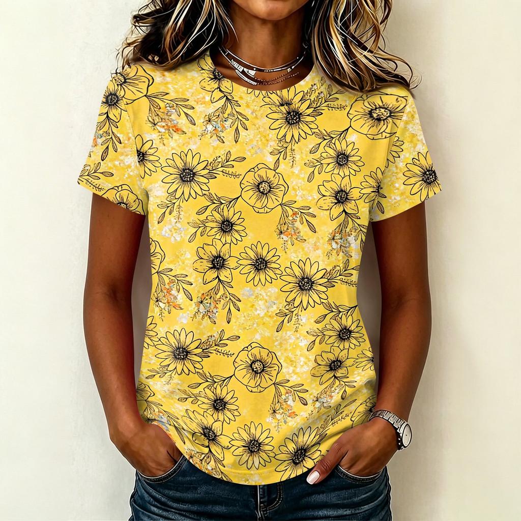 Damen Freizeit Pullover Kurzarm T-Shirt Blumenprint Rundhalsausschnitt Oberteil Weiches Leichtes Sommer-T-Shirt für den Alltag