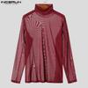 INCERUN Men Turtleneck Long Sleeve Mesh Skinny Tops See Through T-shirts Undershirt