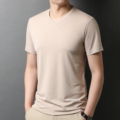 Camiseta de Manga Corta de Seda de Morera para Hombre Cuello en V Color Sólido Verano Nuevo Fina Transpirable Seda de Hielo Corte Ajustado Top Versátil