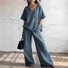 2026 spot new product European and American independent station summer leisure vacation loose cotton and linen v-neck wide-leg pants two-piece set