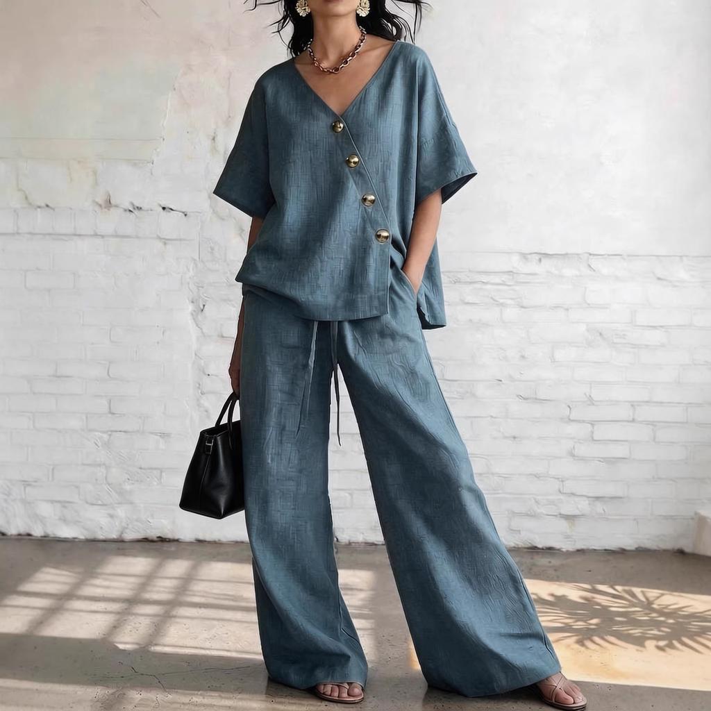 2026 spot new product European and American independent station summer leisure vacation loose cotton and linen v-neck wide-leg pants two-piece set