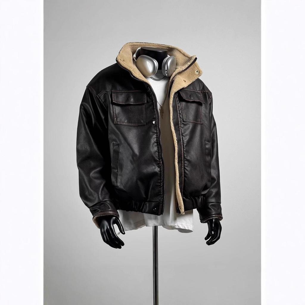 Unisex Retro Lambswool Leather Jacket - Trendy Autumn/Winter Workwear