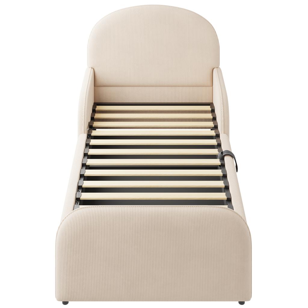 Gestoffeerd Kinderbed 90x200 met Hydraulische Opbergruimte, Velours Bedframe met Hoge Hoofdsteun, Voetbord en Semi-Hoge Veiligheidsleuning, Beige