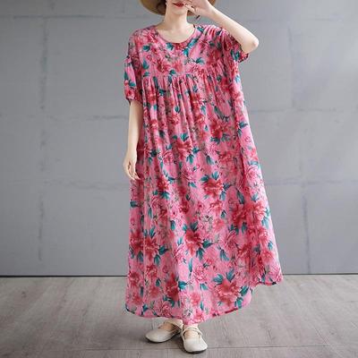 Vestido longo de verão vintage de algodão plus size com manga curta e estampa floral, novidade para mulheres, casual, solto