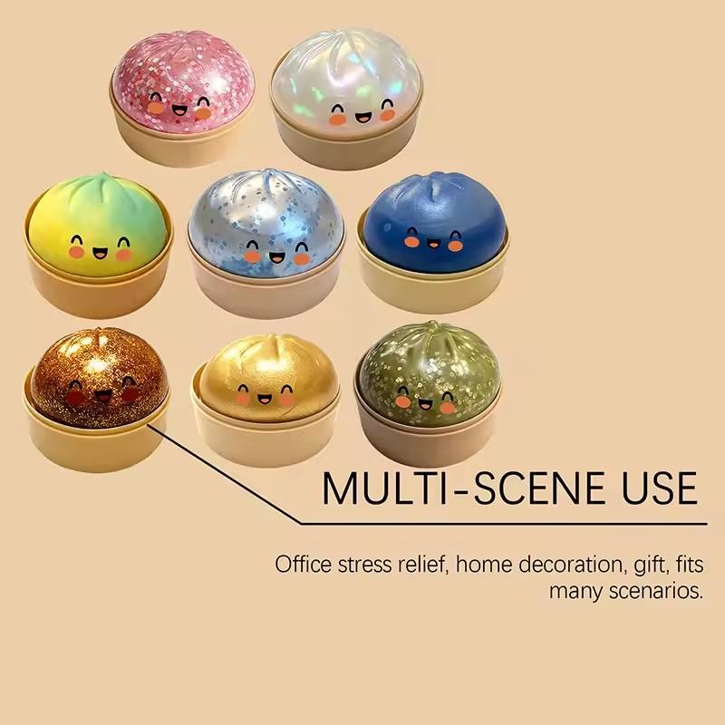 Dumpling shaped stress relief ball with slow bounce and soft touch, used for stress relief in office and home decor as an adult