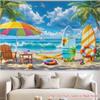Summer Beach Tapestry - Tropical Scene with Surfboard and Umbrella, Wall Decoration with Ocean View, Art with Vacation Setting, Polyester, Various