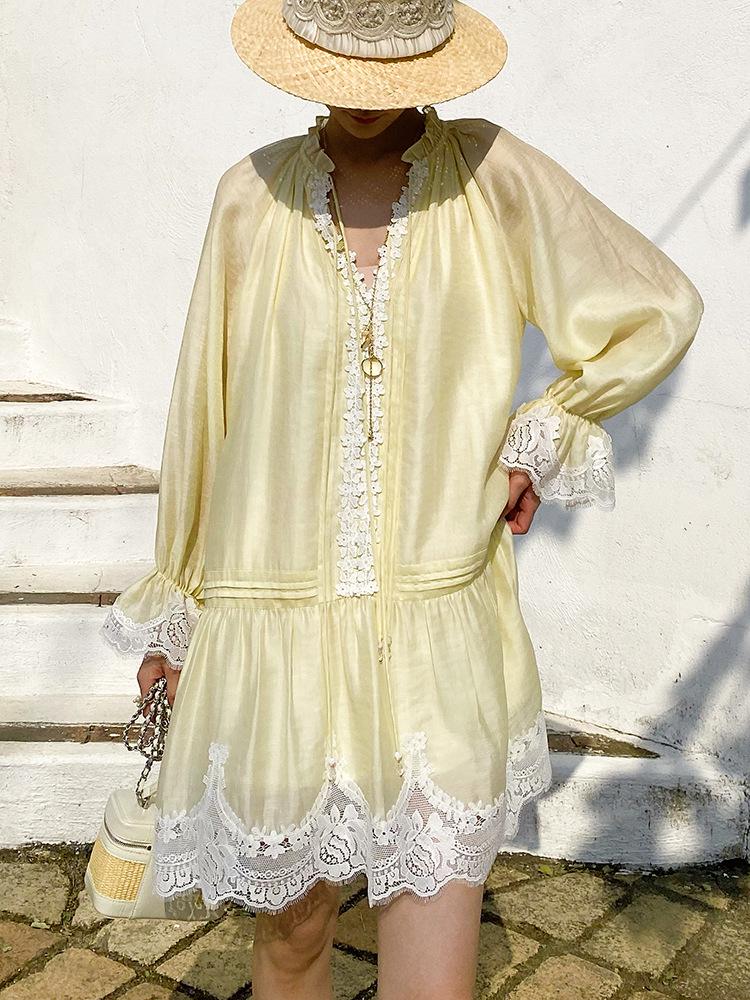 Women's Long Sleeve Elegant Tencel Linen Dress - French Southern Summer Vacation Style