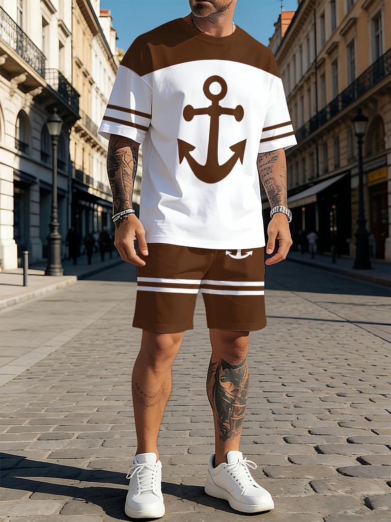 Men'S Street Style 3D Print Short-Sleeve T-Shirt And Shorts Set - Featuring a Trendy Anchor Stripe Print Design, Comfortable Round Neck