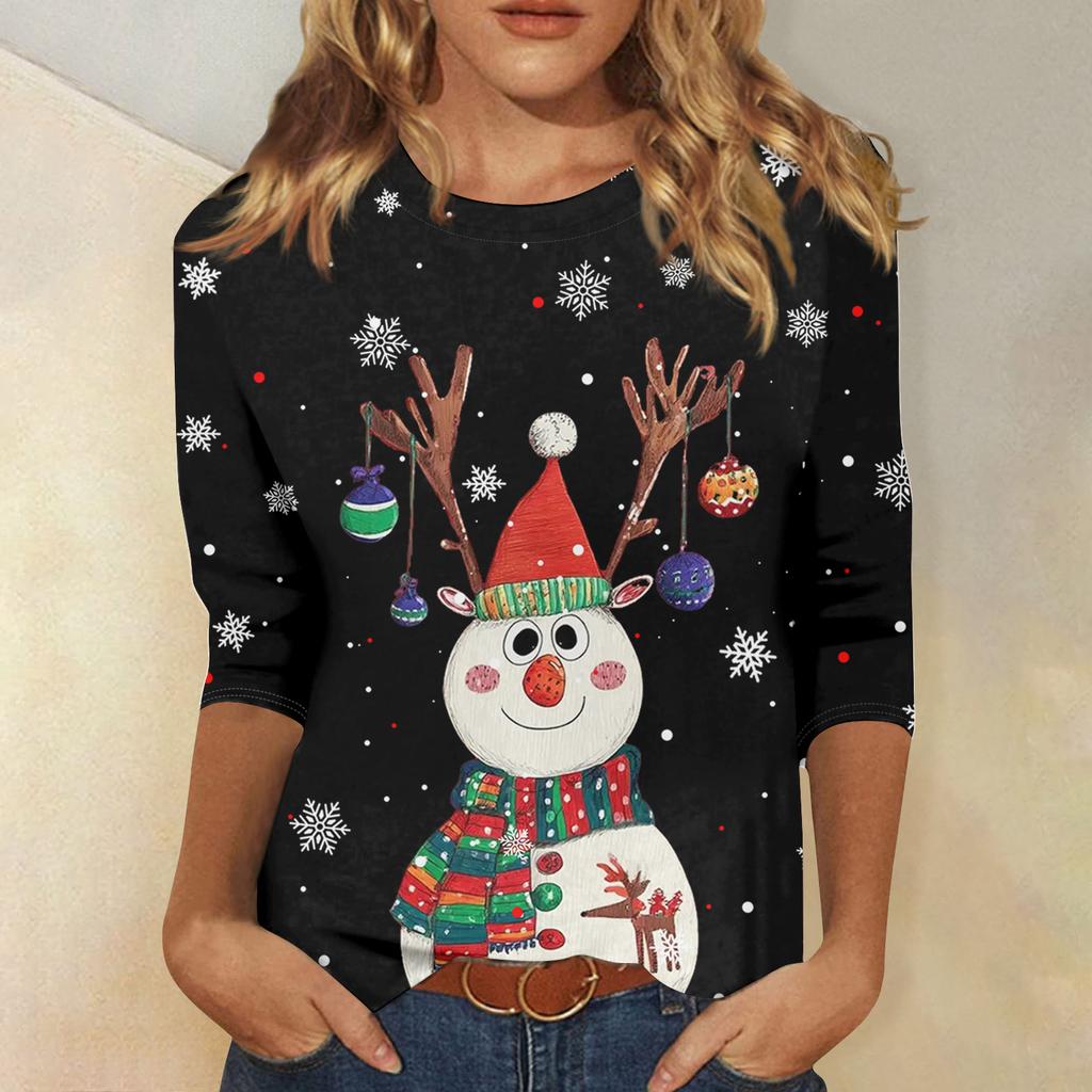 3/4 Sleeve Shirts For Women Print Christmas Tees Blouses Casual Plus Size Basic Tops Pullover