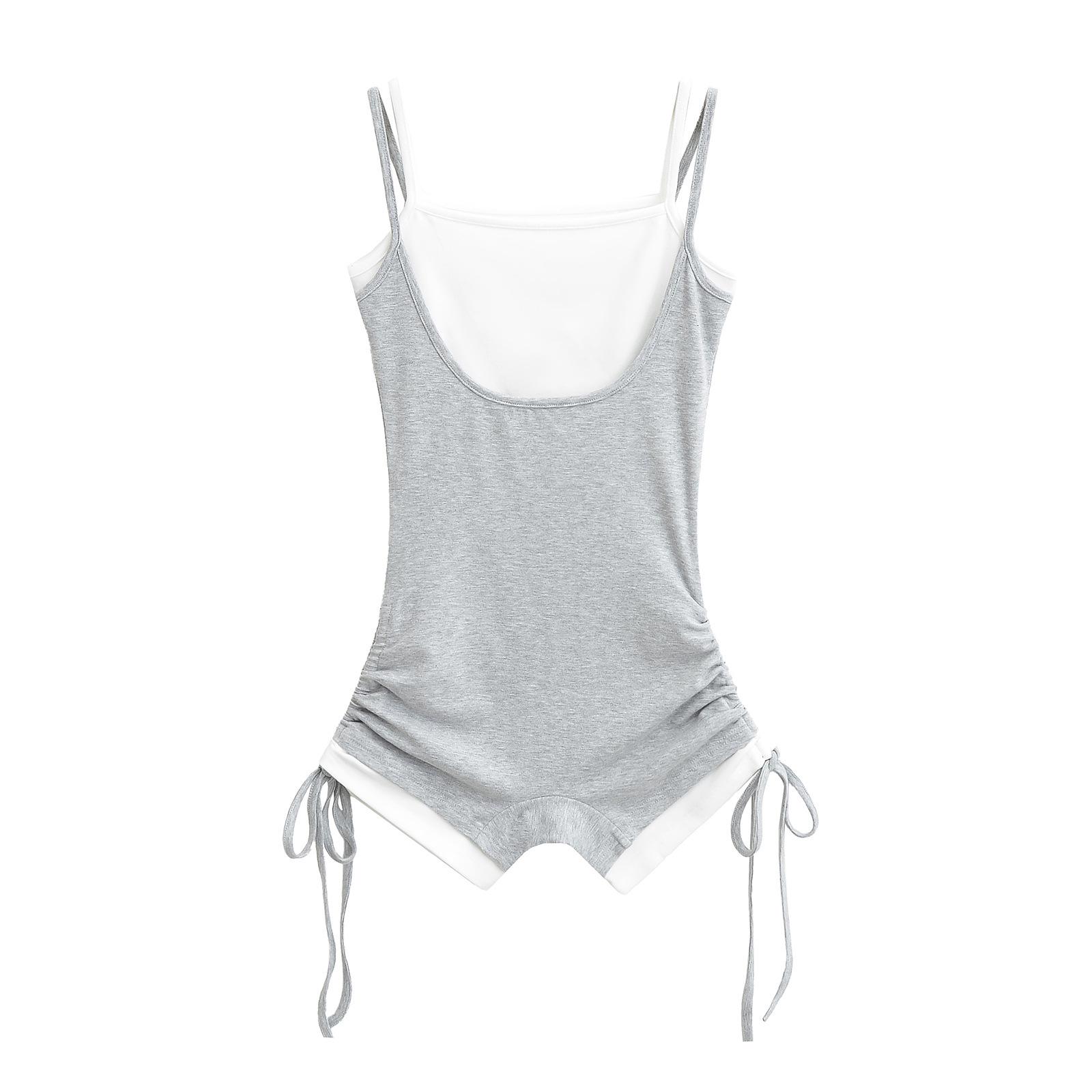 

Женский летний комбинезон на бретелях контрастного цвета - Завышенная талия, эффект двойки, повседневный дизайн горячей девушки Small белый/серый