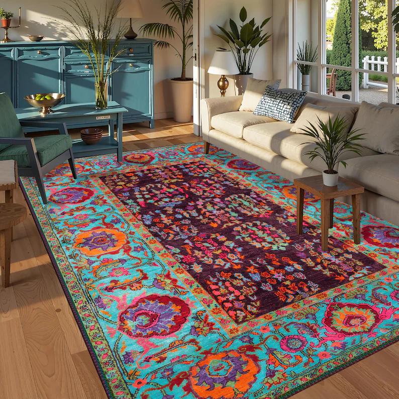 Vintage Patchwork Patterned Rectangle Area Rug  Boho Chic Living Room Carpet  Colorful Home Decor Soft Cotton Floor Mat