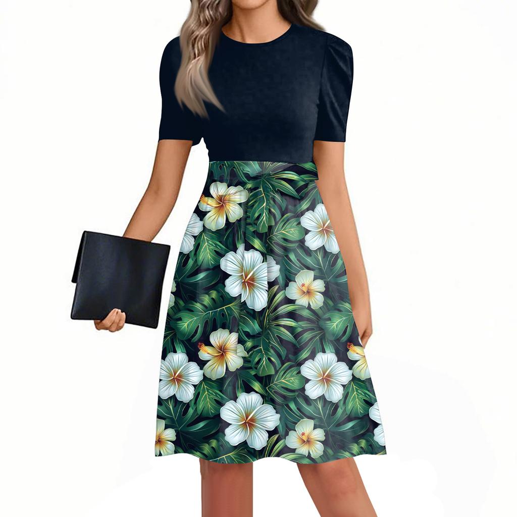Women's Fashionable Casual Belt Short Sleeved Round Neck Printed Patchwork Dress