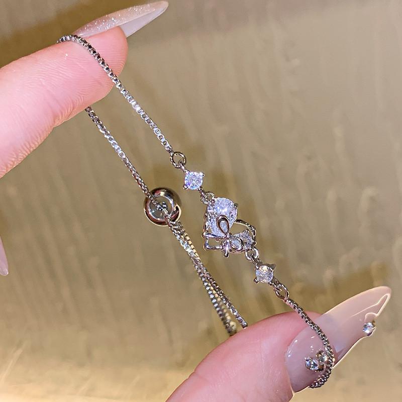 Korean Style Zircon Heart Shape Hand Chain With Adjustable Length For Women