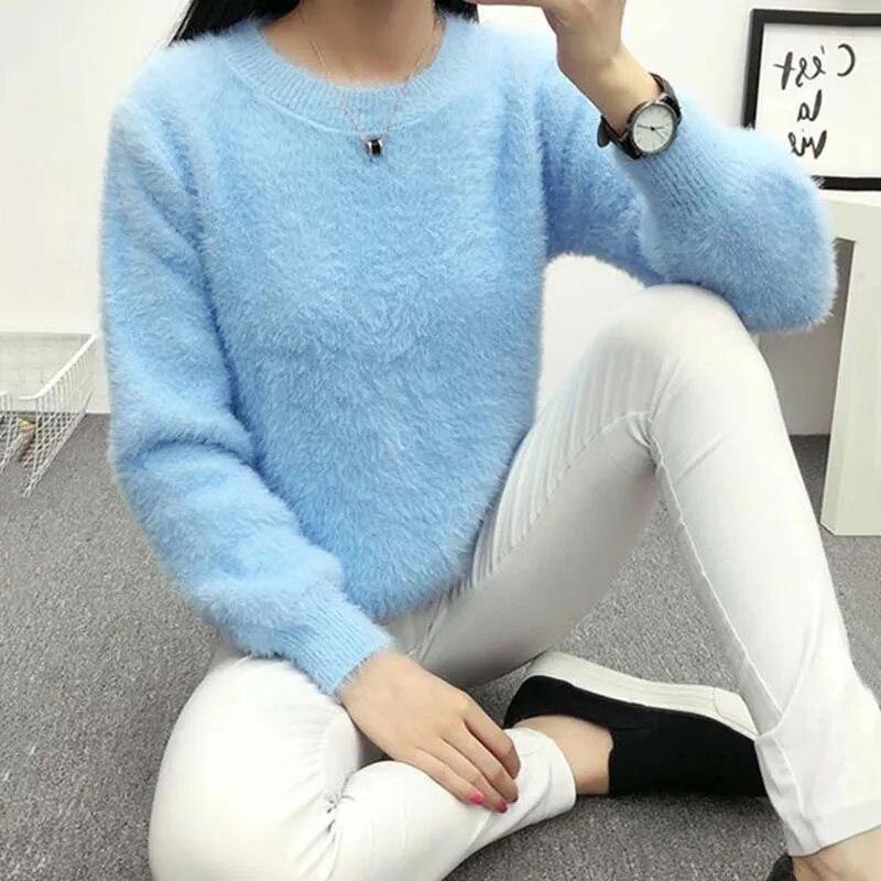 Mohai, dzianinowy, podstawowy, damski ciepły sweter z okrągłym dekoltem, różowy, krótki top, słodki, dojazdy, Casual, jesienno-zimowy sweter