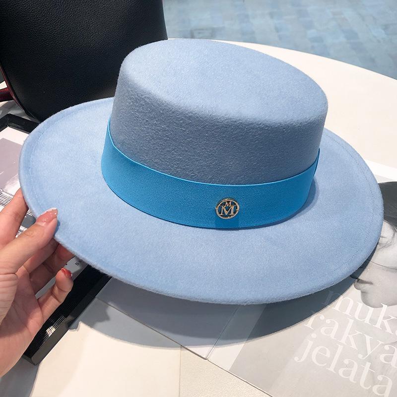 Metal Label Removable Decorative Woolen Flat Top Top Top Hat Spring and Autumn Gentleman Big Brim Sunshade Jazz Hat New