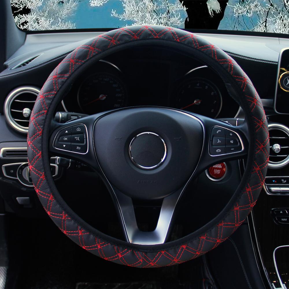PU leather textured diamond pattern embroidered car rimless steering wheel cover 37-38CM car decorative item for all season