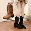 Fashion New Style High Heels Mid Calf Pleated Boots for Women Autumn Winter Brown Leather Western Boots Woman Thick Heeled Cowgirl Boots