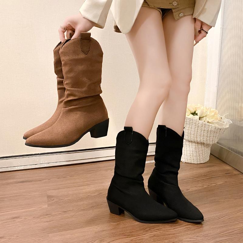 Fashion New Style High Heels Mid Calf Pleated Boots for Women Autumn Winter Brown Leather Western Boots Woman Thick Heeled Cowgirl Boots
