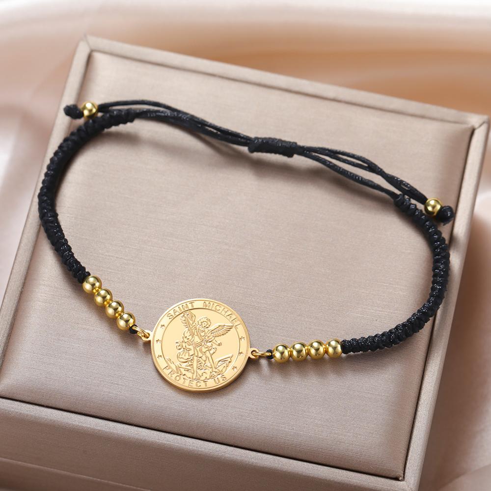 Dawapara Archangel Saint Michael Bracelet Double Sides Carved Charm Protect Us Prayer Amulet Stainless Steel Jewelry