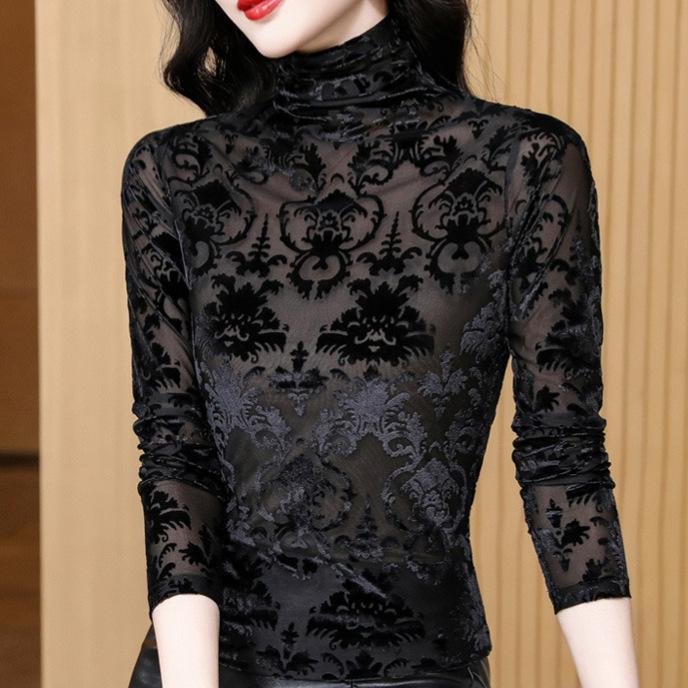 Módní síťované základní tričko s vysokým límcem v zimě Nový styl Spodní tričko s dlouhým rukávem Slim Pulovr Tričko pro ženy