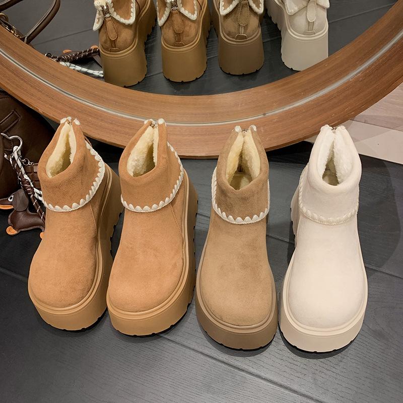 Women's Large Size Furry Mouth Winter Warm Snow Boots Padded Lining Ankle Boots Leather and Fur Integration Non-slip Hiking Sports Martin Boots