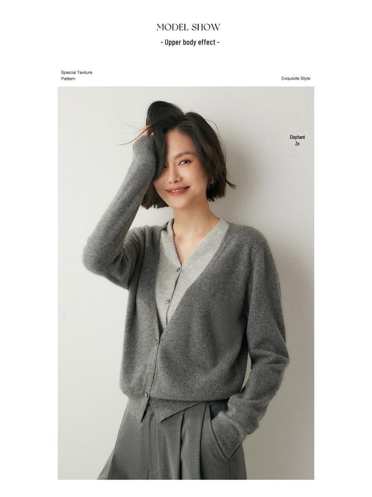 Kaschmir-Cardigan mit V-Ausschnitt: Weicher, im französischen Stil gestrickter, lockerer Damenpullover für Herbst/Winter