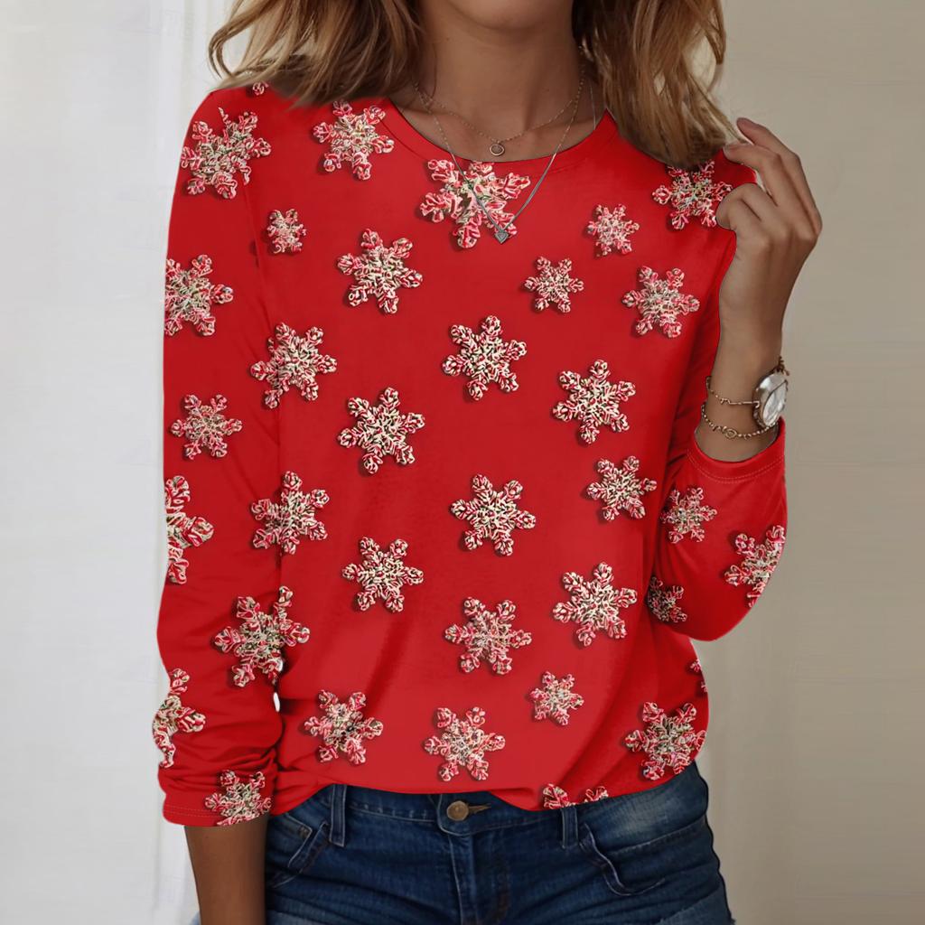Women's Fashion Casual Long Sleeve Christmas Printed Round Neck Top