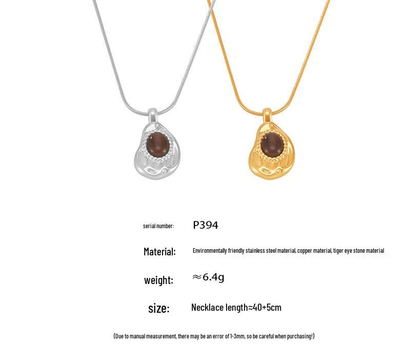 Oval Tiger Eye Stone Copper Pendant Necklace with Stainless Steel Clavicle Chain, 18K Gold-Plated for Women